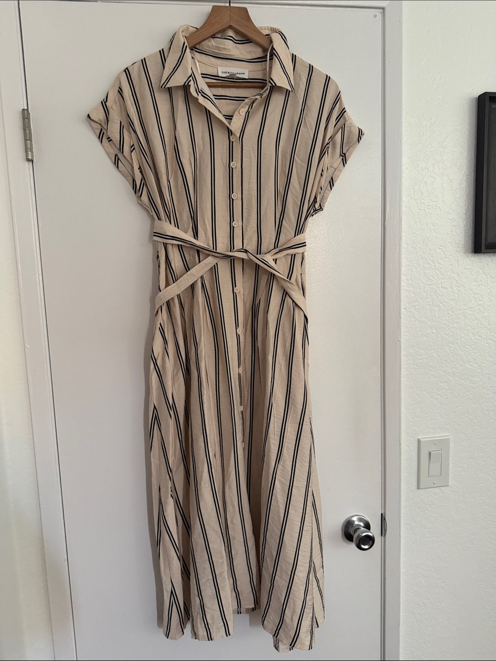 Lucky Brand Sand and Black Striped Midi Shirt Dress